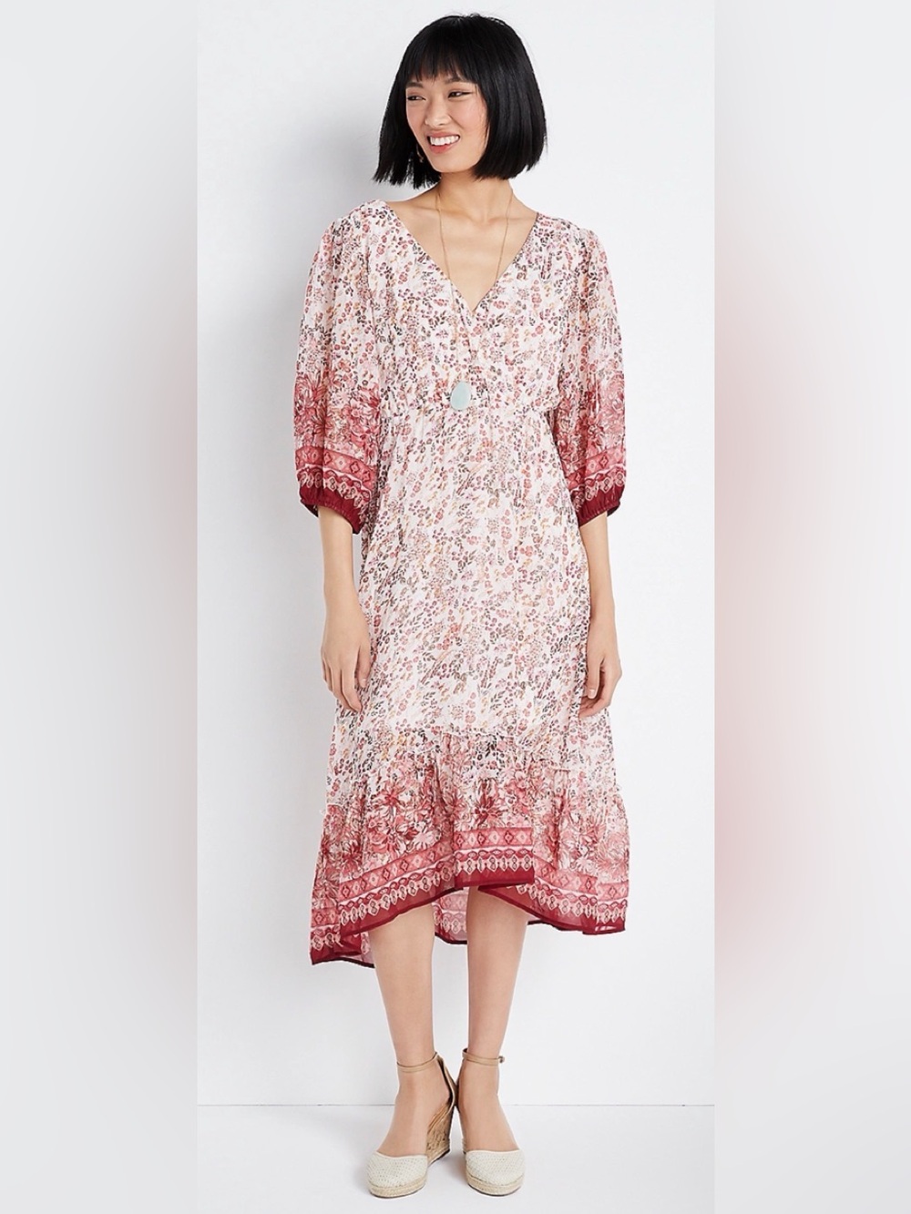 Maurice’s Pink Ombré Floral V-Neck Midi Dress in Blush & Rose XS